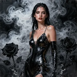 fierce wet fashion model, swirling white and black smoke, mist, splash, sweat skin, liquid black metal, black roses, poster art, high detail, intricate oil painting, deep black mood, hyperrealism, 3 d, by tooth wu and wlop and beeple and greg rutkowski