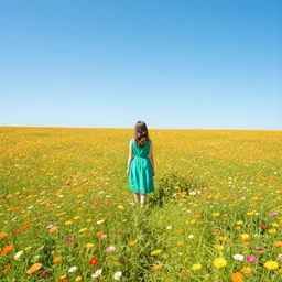 A vast field of colorful flowers under a blue sky and a girl in a smaragd dress