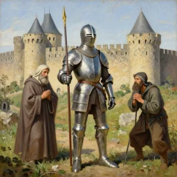 Oil Painting, Medieval Knight and Monk and Farmer and Thief outside the walls of Carcassonne n -9