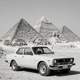 vintage photo of nissan skyline r 3 4 near egypt pyramids, grayscale, photorealistic, highres