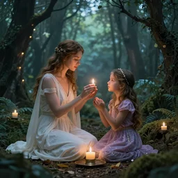 “the goddess of love and her daughter making a ritual in a magical forest”