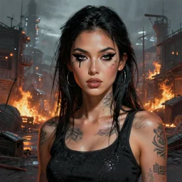 digital painting of a streetwear woman with running mascara, a futuristic shanty town burns in the background, distress, tattoos, dark strokes, dark glitter, 4k, 8k, hd, full color, octane render, trending on artstation, highly detailed