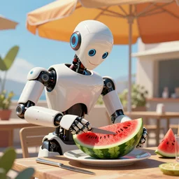 a robot cutting watermelon under a sun umbrella on a summer day, sharp focus, smooth, trending in artstation, digital painting, concept art, cinematic lighting, art by salvador dali