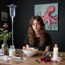 “ a portrait in an emo girl art student ’ s apartment, black walls, a bowl of cheerios, oat milk, a pig theme, syringe, anaesthetic, art supplies, surgical iv drip, octopus, ikebana, herbs, a candle dripping white wax, squashed berries, berry juice drips, acrylic and spray paint and oilstick on canvas, surrealism, neoexpressionism ”