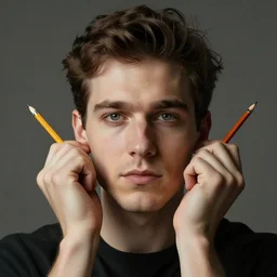 man with pencils in his ears