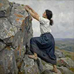 indigenous woman climbing rocks, painted by lucian freud, hd, super detailed, realistic, muted colors