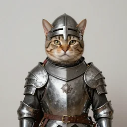 anthropomorphic cat wearing medieval plate armor and a helmet