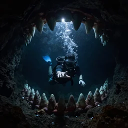 diver in a dark cave underwater, painting, cosmic, haunted, cave like teeth, bubbles, scary, reaching for glowing Pearl, darkness closing in on him, shadows like teeth, cinematic, 4k,