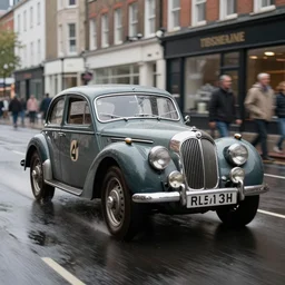 street photography by saul leiter, in a wet london high quality street, award winning photo of an ultra detailed dirty high quality vintage triumph stag car speeding very fast on water, fast shutter speed, motion blur, tiny gaussian blur, highly detailed, highly intricate, depth of field, trending on top gear