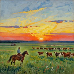 in intricate drawing of a beautiful prairie landscape at sunset with a lone rancher riding a horse near one hundred running cattle, Jackson Pollock, americana