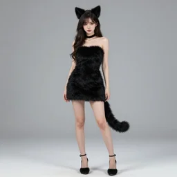 full body aesthetic digital illustration of a beautiful young woman wearing a furry black dress, furry black cat ears and tail, by wlop and Julia Razumova, realistic, photorealistic, hyperrealistic, unreal engine, cosplay, octane, deviantArt, trending on artstation, artstation HQ