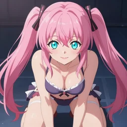 stunningly beautiful omnipotent megalomaniacal anime goddess who looks like junko enoshima with symmetrical perfect face and porcelain skin, pink twintail hair and cyan eyes, looking down upon the viewer and taking control while smiling in a mischievous way, mid view from below her feet taken in an extremely low angle, hyperdetailed, 2 d, octane render, 8 k