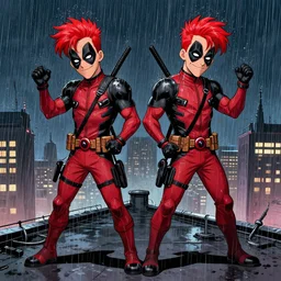 in the style of phil noto comic art, joshua middleton comic art, peyton list black widow and deadpool, two characters, symmetrical face, red hair, deadpool x - men, full body, on a rooftop, rain, smirk, symmetrical eyes, rain, night, rain, symmetrical, action pose, two characters, deadpool, artgerm, playful smirk, full