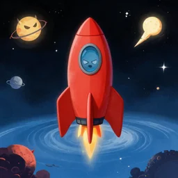 overview of a red rocket with a evil dog in space