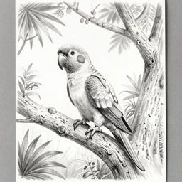 a pencil drawing of a parott sitting on a tree in a jungle