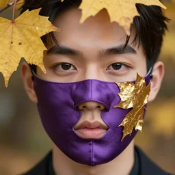 close up portrait of a young korean face, gold leaves and violet silk threads mask, fashion magazine, portrait photography, annie leibovitz, david lazar, 1 0 5 mm, f 2. 8, in autumn, 8 k, detailed