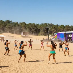 colourful techno dancers at festival in the desert, on the edge of a forest, doof, clean, celebration, party, night time australian outback, XF IQ4, 150MP, 50mm, F1.4, ISO 200, 1/160s, sunset
