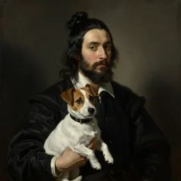 a beautiful painting dramatic portrait of a young man with long black hair tied in a bun and black beard holding a jack russell dog by rembrandt, featured on artstation