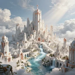 beautiful fantasy city made from white stone and bright copper, medieval city, metropolis, magic, waterways, waterfalls, gorgeous clouds, white marble, god rays, digital art, landscape, fantasy art, octane render, ureal engine, high detail, very realistic, by greg rutkowski. by james gurney