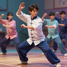 high school uniform dynamic tai chi master handsome features young man, attractive face, good looking, expert proportions, high details, colorful palette, masterpiece, ilya kuvshinov, james jean, loish, shintaro kago, ruan jia, volumetric shading illumination, ambient light