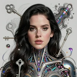 portrait of lana del rey as a cyborg. intricate abstract. key art. intricate artwork. by tooth wu, wlop, beeple, dan mumford. 8 k octane render, trending on artstation, greg rutkowski very coherent symmetrical artwork. cinematic, hyperrealism, very detailed, iridescent accents