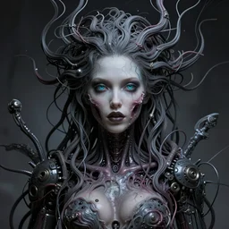 the eternal machine with a beautiful possessed female android fused with lovecraft, cosmic entity, the thing, the blob, cable wires as hair, ghostly, holes in the lower jaw, gnarly, portrait, intricate details, by vincent di fate, artgerm, julie bell, beeple and Greg Rutkowski, 80s, concept, Smooth gradients, octane render, 8k, High contrast, duo tone, depth of field, very coherent symmetrical artwork