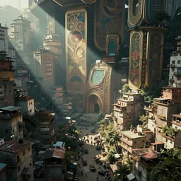 futuristic favela, volumetric lighting, epic composition, intricate details, by denis villeneuve , Greg Rutkowski and Alphonse Mucha