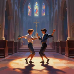 highly detailed digital painting of two alter boys dancing alone in a big church, dramatic, vibrant, shadows n - 9