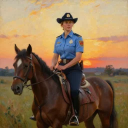 female sheriff riding at sunset, highly detailed painting by gaston bussiere, craig mullins, j. c. leyendecker 8 k