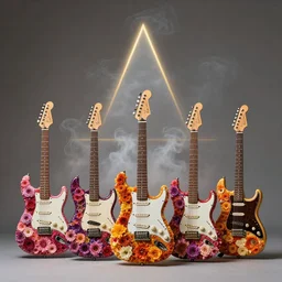multiple prs electric guitars covered in colorful flowers and smoke, golden ratio, rule of thirds, majestic, elegant, by lea leonowicz, by maks trofimov, by jenny brozek, by johannes wessmark