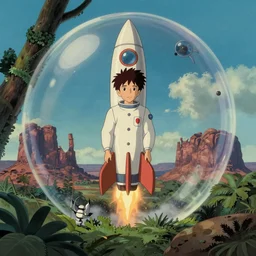 hyperrealist, studio ghibli dull colors portrait from close encounters of the third kind 1 9 7 7 of a young scientist rocketing in a jungle bubble monument valley stonehenge.