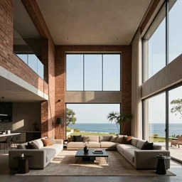 architectural visualization of a modern double height living room, with brick walls and a view of the sea