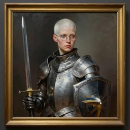 greg manchess oil matte portrait painting, albino female knight with glasses, sword and shield, rectangular frame, wonderful masterpiece highly detailed, scifi, beautiful cinematic light deep focus, elegant, digital painting, smooth, sharp focus, golden ratio, dramatic illumination, ultra realistic, 4 k, art by greg rutkowski wlop rossdraws