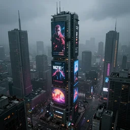 futuristic dystopian cityscape, high rises, billboard ads, neon signs, overcast, foggy, gloomy, depressing, ominous, imposing, industrial, high angle, dramatic illumination, colorful lighting, highly detailed, ultra realistic, 8 k, by simon stalenhag, by nathan walsh