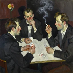 oil painting in the style of john craxton. people talking in the shadows of jazz club. looking. strong expressions on faces. smoke. holding cigarettes. playing cards. scratch. strong lighting. brush. single flower. in the style of ivon hitchins. cheekbones. seated figure hands on table. line drawing.
