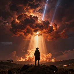 fool on a hill looking at the apocalypse, dramatic light, epic fire clouds, john martin, apocalyptic, end of times, biblical, fire and brimstone, meteor shower