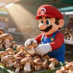 mario selling mushrooms in a farmers market