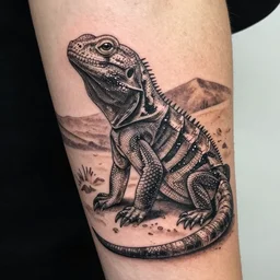 A realistic tattoo design of a giant lizard in the desert on white paper, realism tattoo design, highly detailed tattoo, shaded tattoo, hyper realistic tattoo