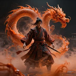 human disintegration dynamics, particle fluid movement, ai sentient being, samurai sorcerer, 8k detail processing, ultra realistic, orange dragon mist, dramatic dark neon background