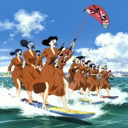 a group of women of inhuman proportions wearing a brown dress suit and a pigeon mask surfing on a kite the air in Tokyo, anime film still from the an anime directed by Katsuhiro Otomo with art direction by Salvador Dalí, wide lens