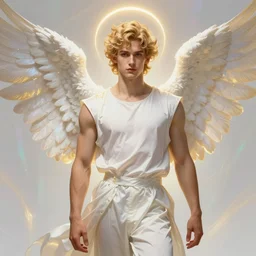 a beautiful young fit male angel with curly blond hairs, dressed with fluent clothes, majestic symmetrical wings, luminous halo, by greg rutkowski and alphonse mucha, d & d character, gradient white to gold, in front of an iridescent background, highly detailed portrait, digital painting, artstation, concept art, smooth, sharp focus illustration, artstation hq