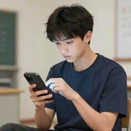 a male teenager praying for a divine smartphone in front of him, digital art, anime style