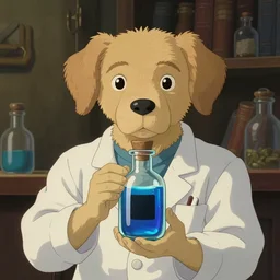 a dog dressed as a scientist holds a modern transparent little bottle filled with vivid blue iridescent liquid, there is a black square on the bottle, art by studio ghibli and j. c. leyendecker and greg rutkowski and artgerm and ilya kuvshinov, portrait, d & d, fantasy, highly detailed, digital painting, headshot, concept art,