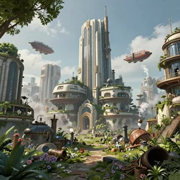 a futuristic steampunk city with art deco architecture, movie concept art, lush vegetation, trees, flowers, steam, smoke, junk, air ships, octane render, photo realistic, highly detailed, trending on artstationH 704
