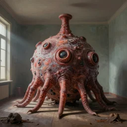 surreal painting of giant teratoma tumor in a room