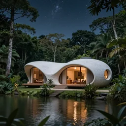 cozy futuristic organic white concrete house in the middle of a lush amazonic forest at night, a beautiful lake next to it, starry sky