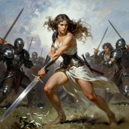 A full portrait of a very beautiful berserker woman, running into battle holding a sword, by Frank Frazetta, Greg Rutkowski, Boris Vallejo, epic fantasy character art, light armor, Exquisite detail, post-processing, low angle, masterpiece, cinematic