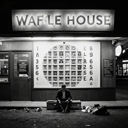 waffle house, dark lighting, black and white, traditional artwork, thematic apperception test, psychometric, in the style of normal rockwell