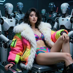 beautiful fantasy character portrait, wearing neon technicolor puffy bomber jacket with white fur, seductive reclining pose, futuristic robots sitting, ultra realistic, dramatic lighting, robots, the fifth element artifacts, highly detailed by peter mohrbacher, hajime sorayama, wayne barlowe, boris vallejo, aaron horkey, gaston bussiere, craig mullins