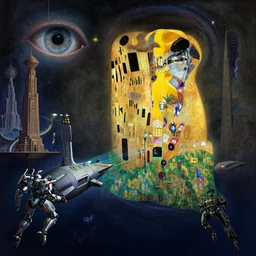 concept art, exterior illustration of a busy spaceport floating in the void, cinematic, dynamic composition, dynamic perspective, all seeing eye, jean giraud, sparth, gustav klimt, wormhole,, spelljammer, fantasy temples, dieter rams, mecha, zaha hadid, foreboding, mysticism, alphonse mucha